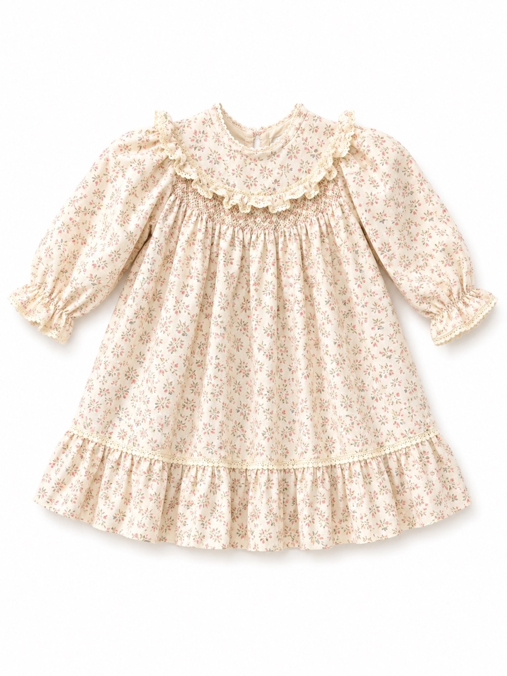 Vintagr Polly Flinders Smocked Floral Baby Dress in Cream and Pink
